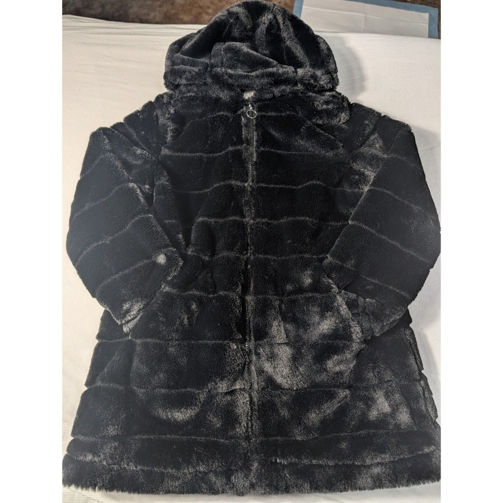 Urban Republic Girls Black Faux Fur Hooded Coat Jacket Size L 14/16 RN98790